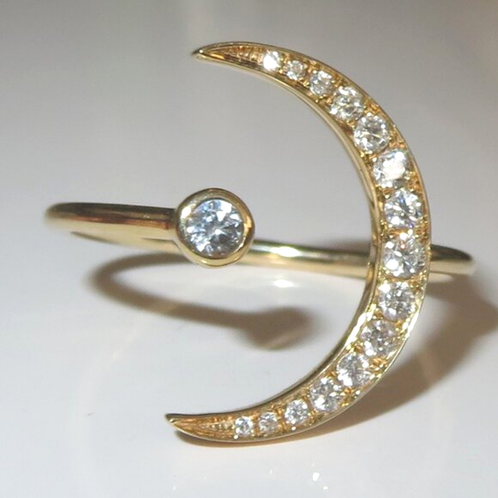 Half Moon Crescent Diamond White Sapphire 14K Yellow Gold Ring Ring
